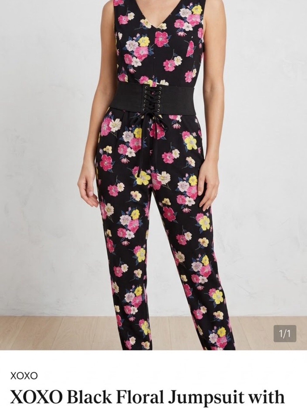 XOXO Black Floral Jumpsuit with Lace-Up Waist Belt